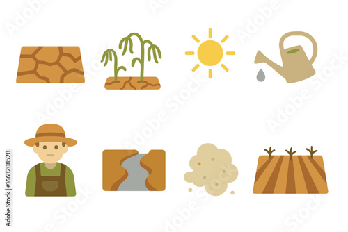 Drought Impact on Crops. Flat vector mini-illustrations Drought affecting crops in colors children's