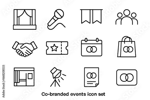 Co-Branded Event Icons. Outline icon set of co-branded events: stage, microphone, banner, crowd, handshake,