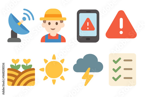 Crop Alert Illustrations. Flat vector mini-illustrations Early warning systems for crops in colors children's