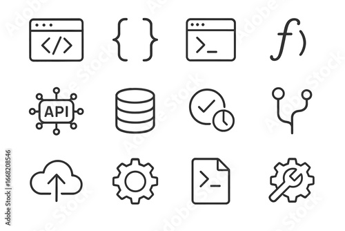 Coding Icon Grid. Outline icon set of coding and implementation: code editor, brackets, terminal window,