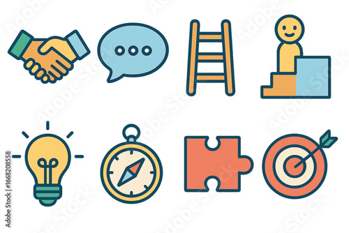 Networking Tools Icons. Flat vector mini-illustrations Networking to overcome obstacles in colors children's
