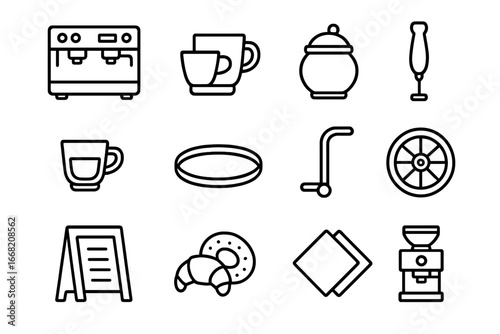 Coffee Cart Icons. Outline icon set of coffee cart setup: coffee machine, cups, sugar bowl, milk frother,