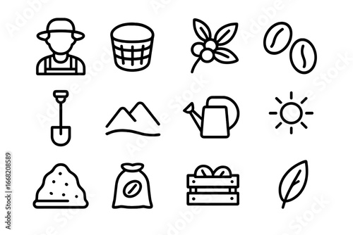 Coffee Harvest Icons. Outline icon set of hand-harvested coffee: farmer, basket, coffee branch, beans, shovel,