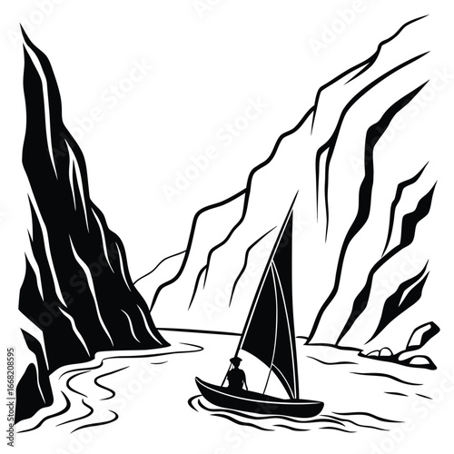Person sailing through icy fjord silhouette
