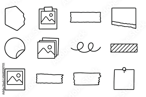 Collage Icon Set. Outline icon set of collage-style compositions: cutout shape, overlapping photo, tape strip,
