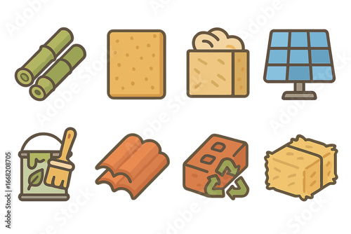 Eco Material Icons. Flat vector mini-illustrations Green building materials in colors children's illustrations