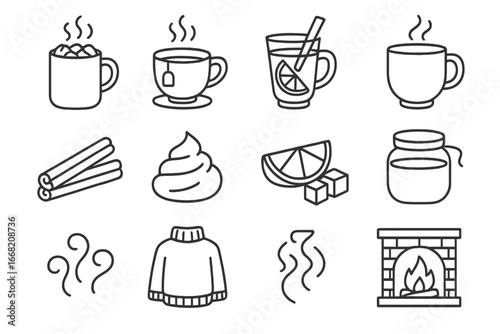 Comfort Drink Icons. Outline icon set of comfort food drinks: hot chocolate, tea cup, mulled wine, coffee mug,
