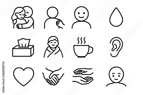 Comforting Icons Grid. Outline icon set of comforting a friend during a tough moment: two people hugging, hand