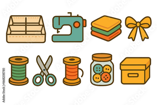 Colorful Sewing Icons. Flat vector mini-illustrations Fabric drawer dividers in colors children's
