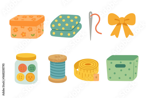 Colorful Craft Supplies. Flat vector mini-illustrations Fabric-covered boxes in colors children's
