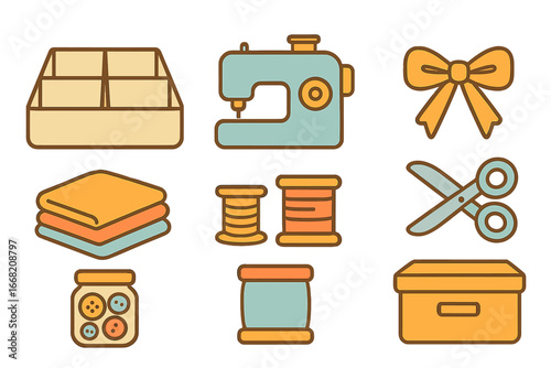 Colorful Sewing Icons. Flat vector mini-illustrations Fabric drawer dividers in colors children's