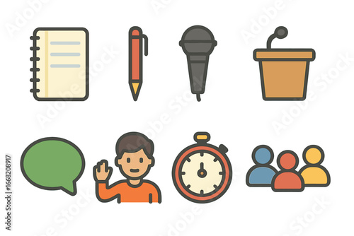 Speechwriting Workshop Icons. Flat vector mini-illustrations Speechwriting workshops in colors children's