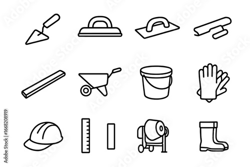 Concrete Tool Icons. Outline icon set of concrete work tools: mortar trowel, concrete float, edger tool,
