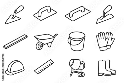 Concrete Tool Icons. Outline icon set of concrete work tools: mortar trowel, concrete float, edger tool,
