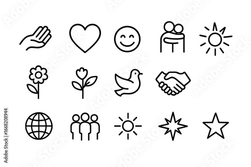 Compassion Icon Set. Outline icon set of compassion practice: open hand, heart, smile, hug, flower, dove,
