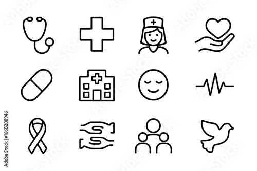 Compassion Healthcare Icons. Outline icon set of compassion in healthcare: stethoscope, cross, nurse icon,