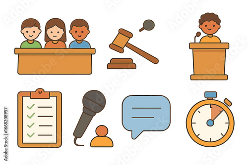 Children's Debate Icons. Flat vector mini-illustrations Evaluating debate performance in colors children's