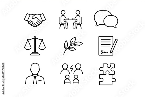 Conflict Resolution Icons. Outline icon set of mastering conflict resolution: handshake, mediation table,