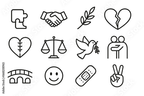 Conflict Resolution Icons. Outline icon set of overcoming conflicts in friendships: puzzle piece, handshake,