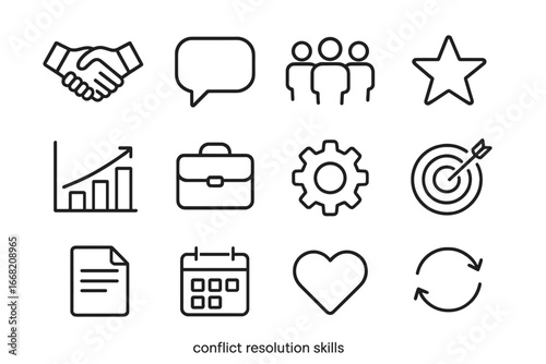 Conflict Resolution Icons. Outline icon set of conflict resolution skills: handshake, speech bubble, group,