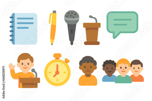 Speechwriting Workshop Icons. Flat vector mini-illustrations Speechwriting workshops in colors children's