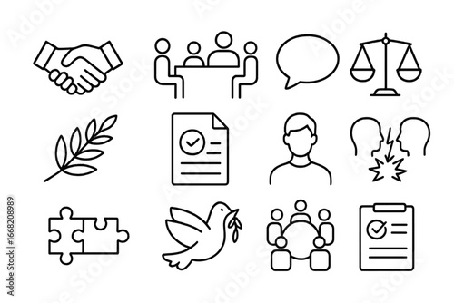 Conflict Resolution Icons. Outline icon set of mastering conflict resolution: handshake, mediation table,