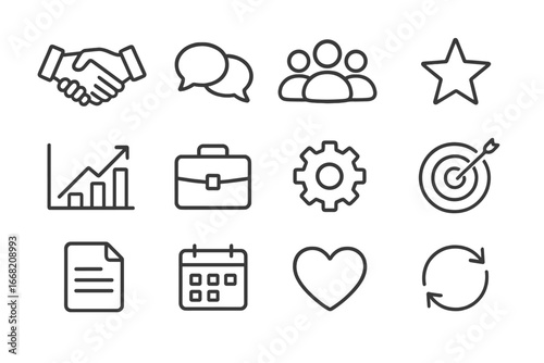 Conflict Resolution Icons. Outline icon set of conflict resolution skills: handshake, speech bubble, group,