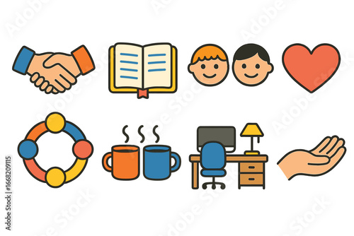 Workplace Harmony Icons. Flat vector mini-illustrations Building trust at work in colors children's