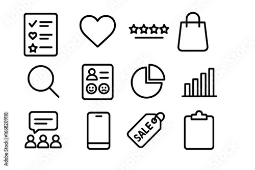 Consumer Study Icons. Outline icon set of consumer preference studies: checklist, heart icon, star rating,