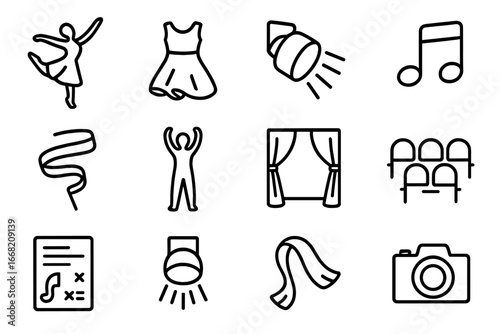 Contemporary Dance Icons. Outline icon set of contemporary dance troupe: barefoot dancer, flowy costume, stage