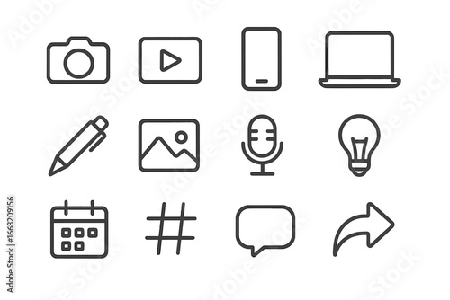 Content Creation Icons. Outline icon set of content creation for business: camera, video icon, smartphone,