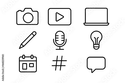 Content Creation Icons. Outline icon set of content creation for business: camera, video icon, smartphone,