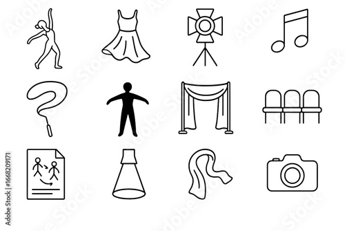 Contemporary Dance Icons. Outline icon set of contemporary dance troupe: barefoot dancer, flowy costume, stage
