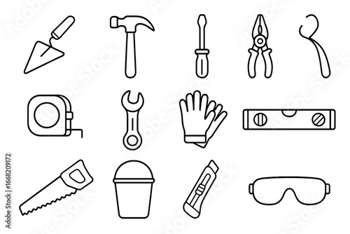Construction Tool Icons. Outline icon set of construction hand tools: mortar trowel, hammer, screwdriver,