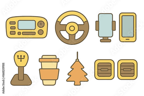 Minimalist Car Interior Icons. Flat vector mini-illustrations Minimalist car interiors in colors children's