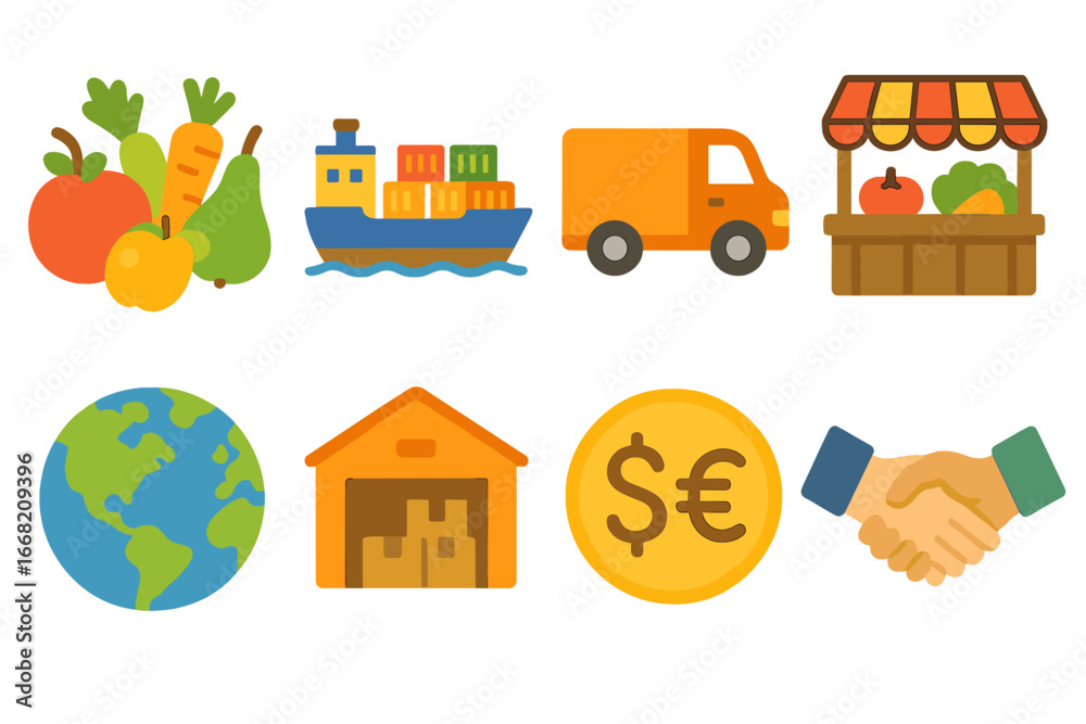 Naklejka premium Agricultural Trade Icons. Flat vector mini-illustrations Agricultural exports and imports in colors children's