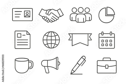 Corporate Diversity Icons. Outline icon set of diversity in corporate branding: business card, handshake,