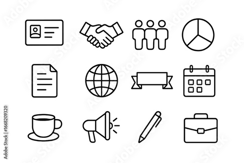 Corporate Diversity Icons. Outline icon set of diversity in corporate branding: business card, handshake,