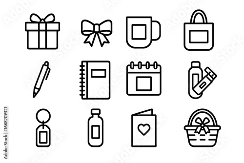 Corporate Gifting Icons. Outline icon set of corporate gifting: gift box, ribbon, branded mug, tote bag, pen,