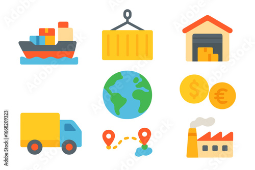 Colorful Supply Chain Icons. Flat vector mini-illustrations Supply chain networks in colors children's