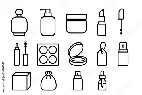 Cosmetic Packaging Icons. Outline icon set of cosmetic product packaging: perfume bottle, lotion pump, cream