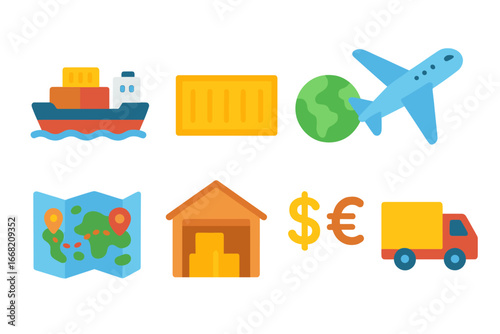 Trade Icons for Kids. Flat vector mini-illustrations Export and import processes in colors children's