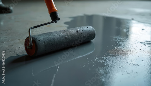 Roller applies grey sealant to concrete floor surface. Protects, coats, and smooths industrial or home improvement projects. Seamless, hard-wearing finish for durable flooring.