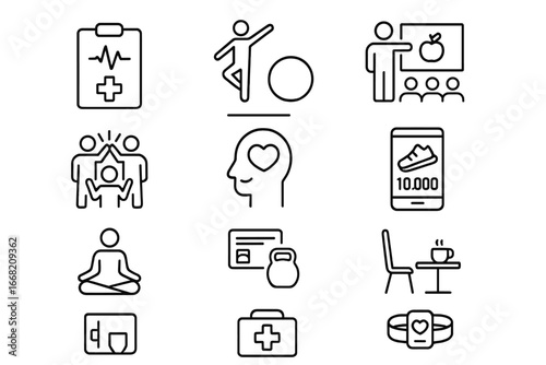 Corporate Wellness Icons. Outline icon set of corporate wellness programs: health screening, fitness class,