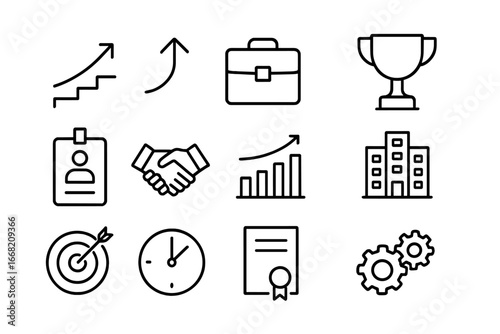 Corporate Icon Set. Outline icon set of corporate ladder climbing: staircase, upward arrow, briefcase, trophy,
