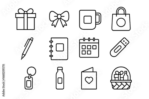 Corporate Gifting Icons. Outline icon set of corporate gifting: gift box, ribbon, branded mug, tote bag, pen,