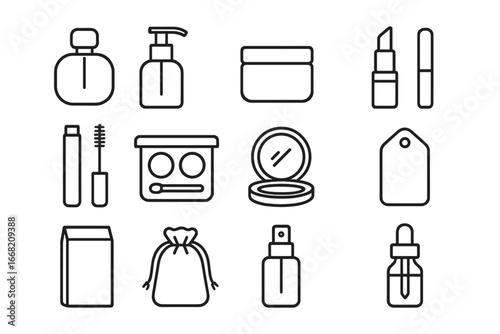 Cosmetic Packaging Icons. Outline icon set of cosmetic product packaging: perfume bottle, lotion pump, cream