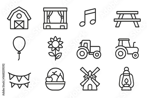 Countryside Festival Icons. Outline icon set of countryside festivals: barn, stage, music note, picnic table,
