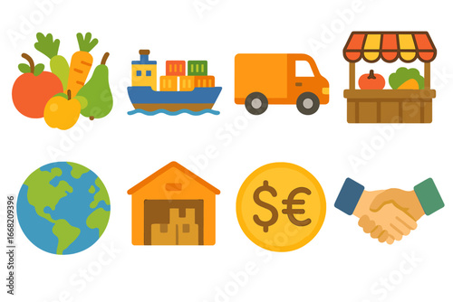 Agricultural Trade Icons. Flat vector mini-illustrations Agricultural exports and imports in colors children's
