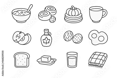 Cozy Autumn Breakfast Icons. Outline icon set of cozy autumn breakfasts: oatmeal bowl, cinnamon rolls, pumpkin
